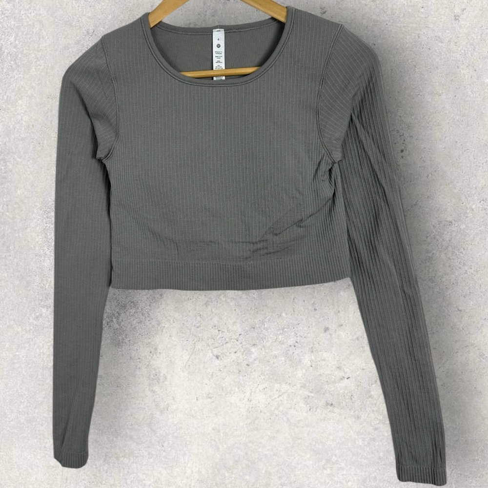 Lululemon Ebb To Street Long Sleeve Shirt Grey Womens Size 6 Ribbed Crop Run Top - Picture 4 of 16
